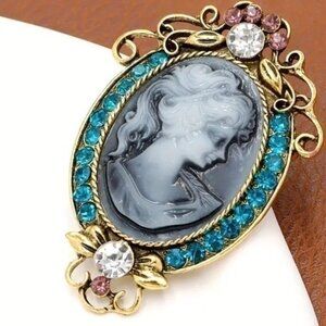 Vintage Inspired Rhinestone Pink Blue Gold Portrait Cameo Brooch